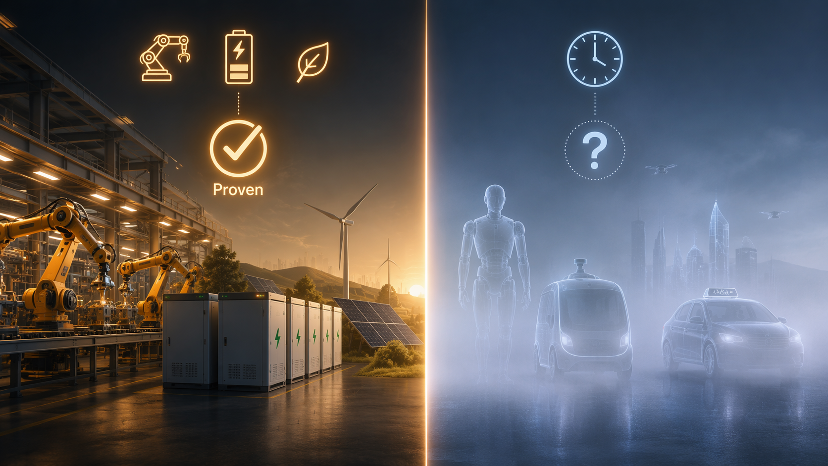 Split view of proven industrial AI returns and speculative future autonomous platforms