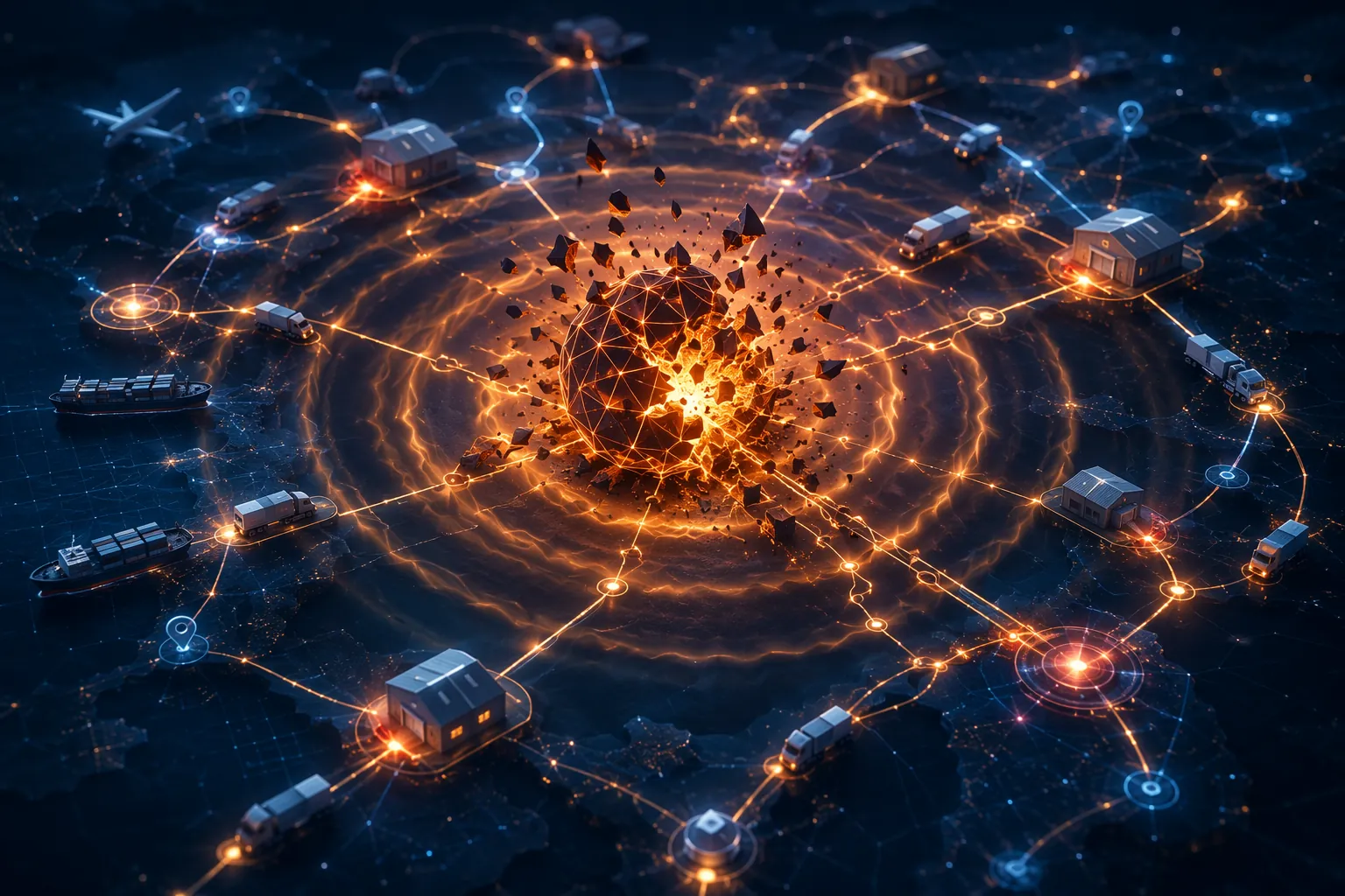 Interconnected supply chain nodes with a central AI model node shattering and sending disruption ripples through logistics links