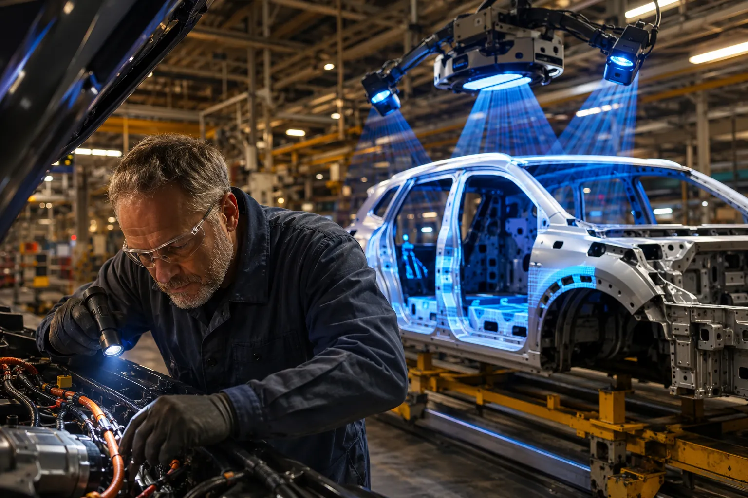 Automotive assembly line with an AI camera inspection system and an engineer checking a wiring harness under an SUV hood