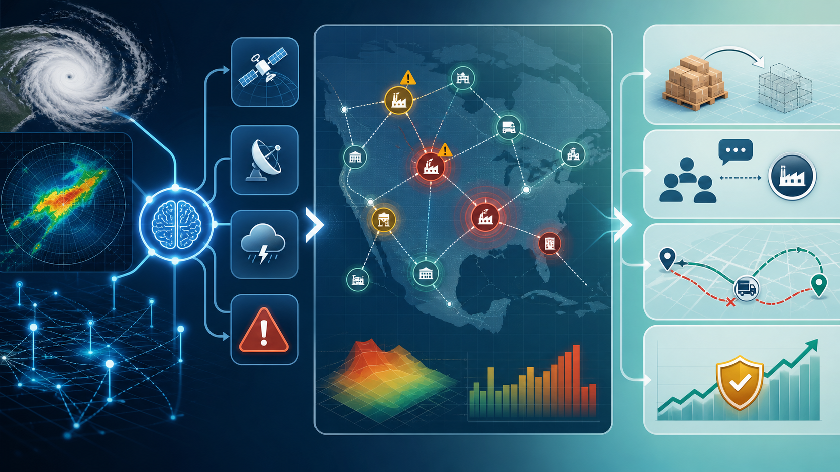 Workflow showing AI weather detection, supplier risk mapping, and supply chain actions for inventory and logistics