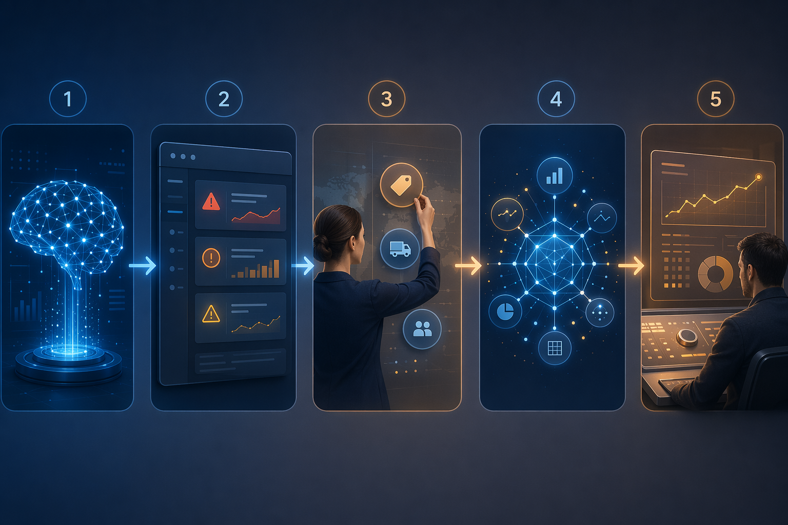Five-step AI and human inventory planning workflow from forecast generation to final planner decision
