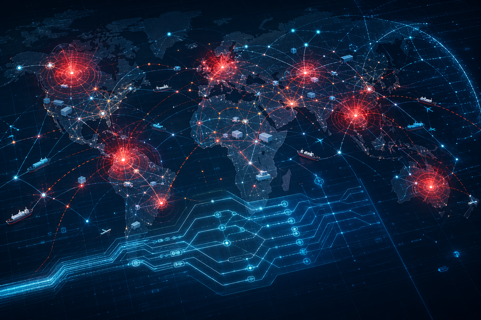Global supply chain network with simultaneous military strike disruption zones and AI scenario planning overlays