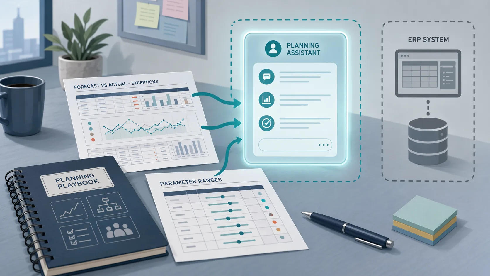 Supply chain planning desk with forecast-exception reports, a planning playbook, and a bounded AI assistant separated from an ERP system