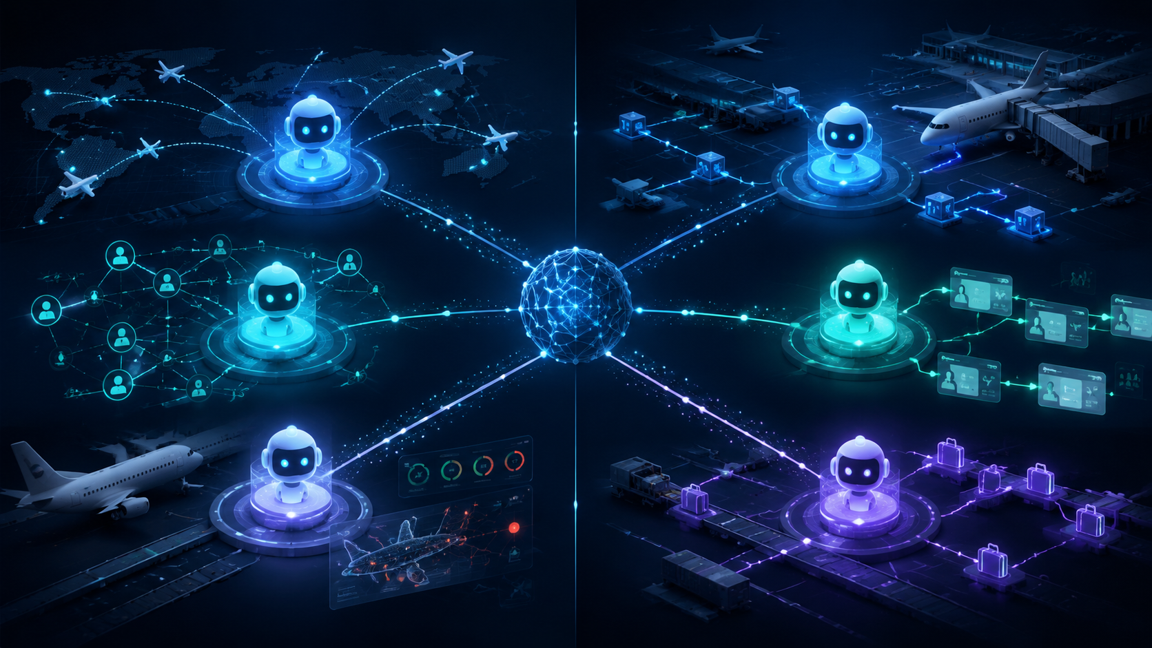 Specialized AI agents handling separate airline recovery tasks in parallel