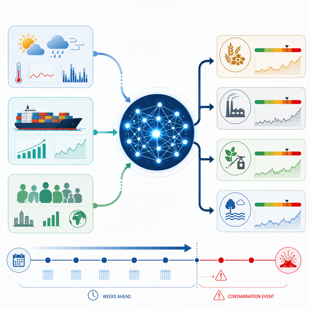 Weather, commodity prices, trade volumes, and socioeconomic indicators feeding a machine learning model that predicts contaminant risk categories