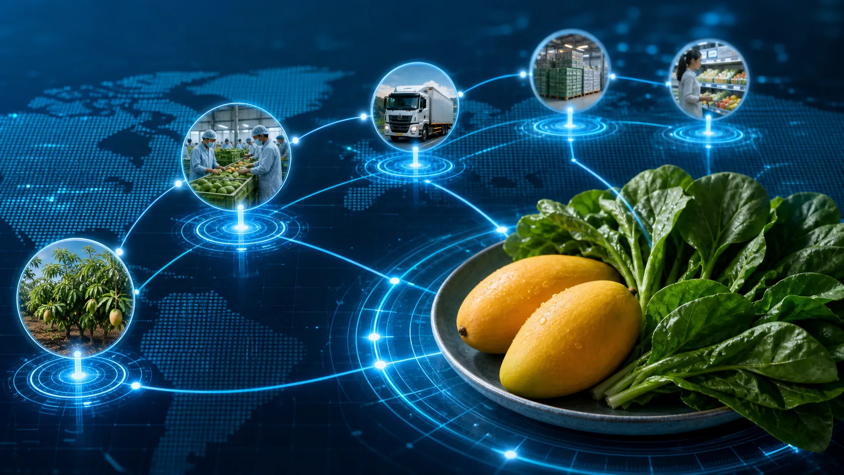 Fresh produce connected by digital traceability lines across a transparent supply chain map