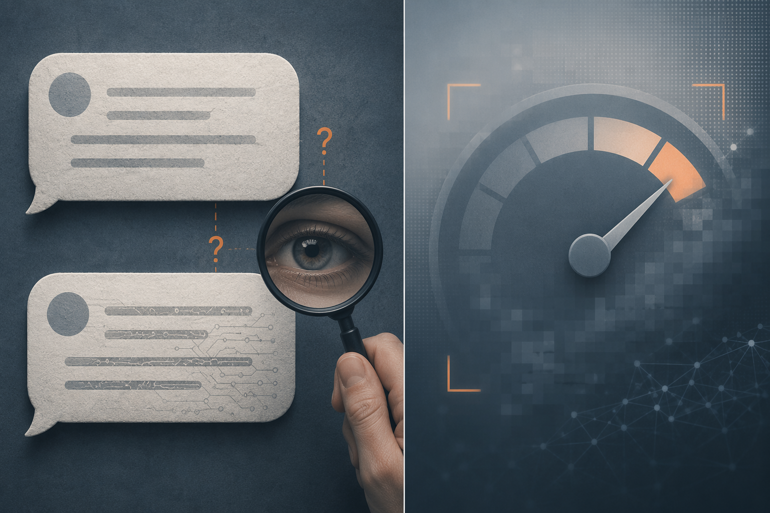 Two nearly identical chat bubbles with a magnifying glass and an eye unable to distinguish human-written and AI-written messages