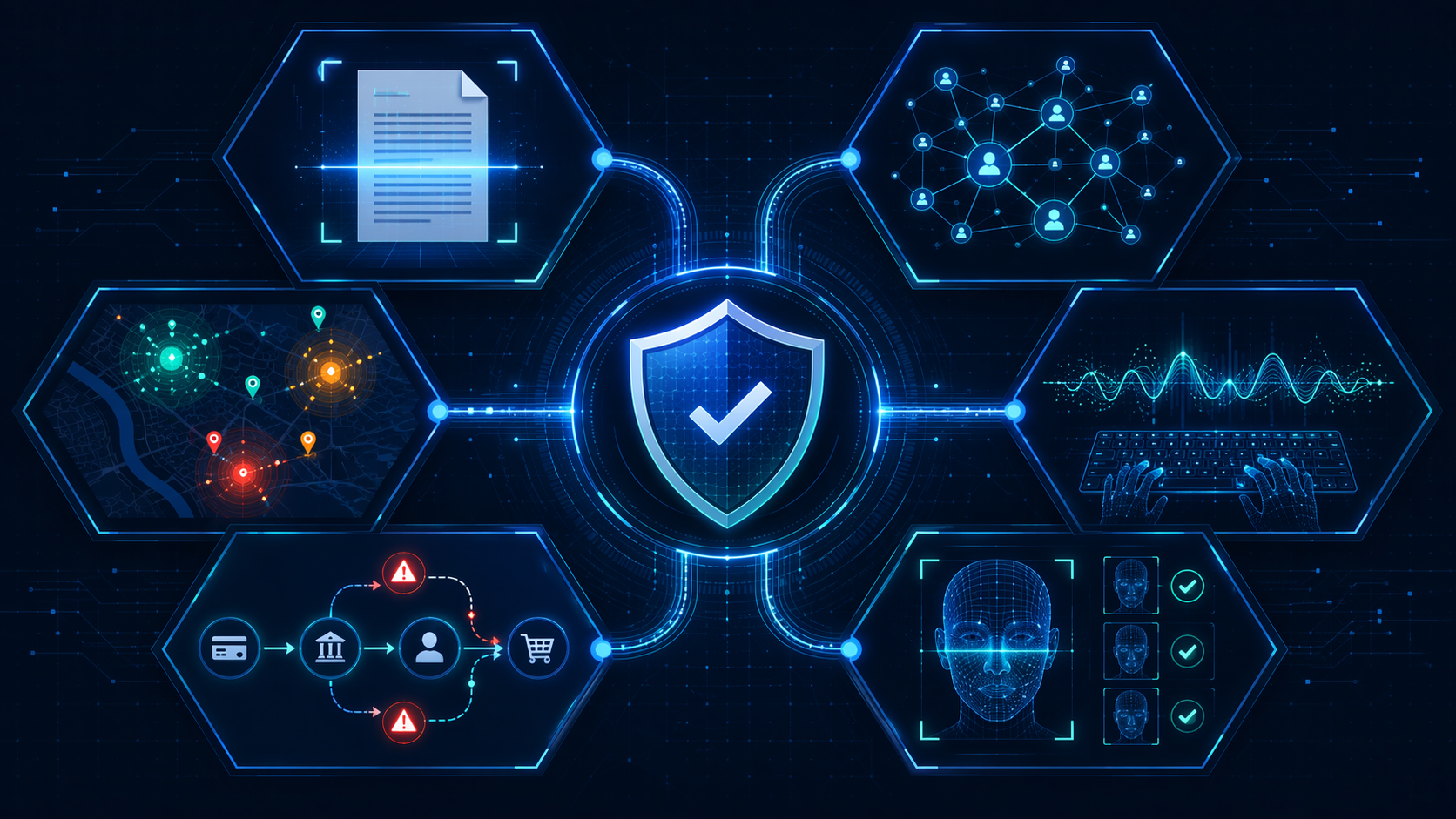 Interconnected AI detection modules linked to a central shield icon