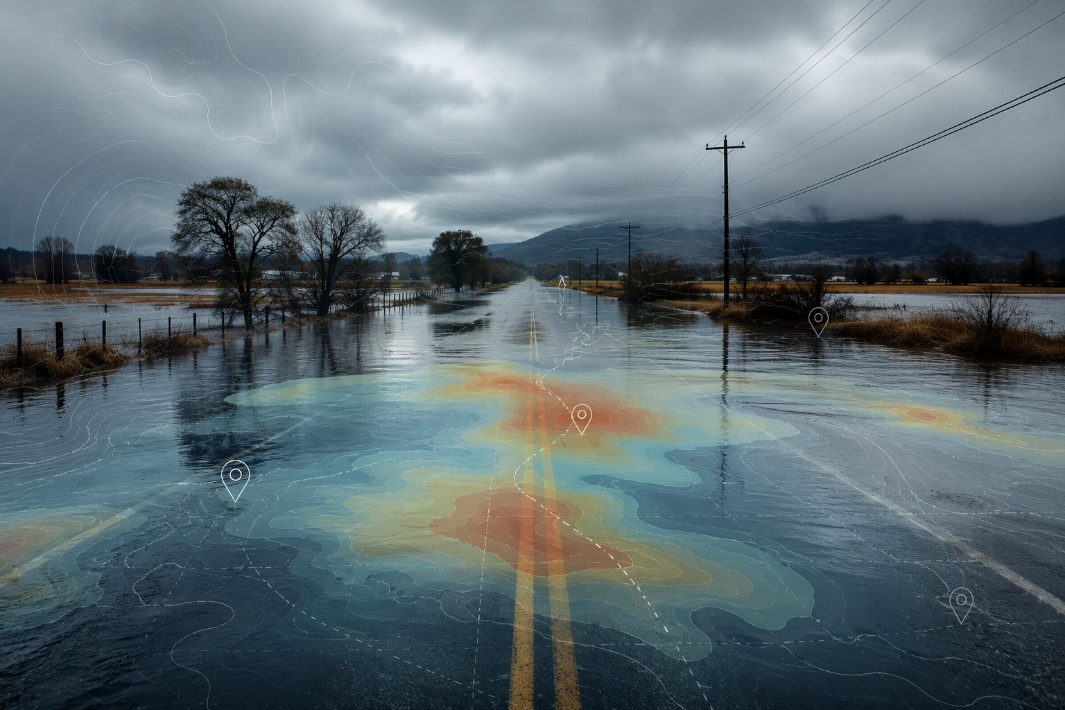 Flooded two-lane road with subtle AI-style flood risk overlays