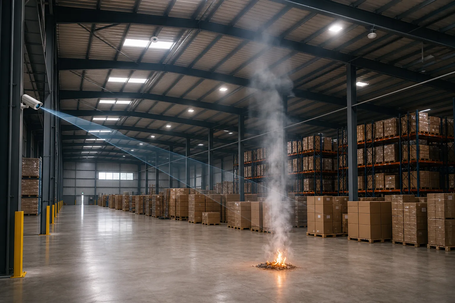 High-ceiling warehouse showing a floor-level fire, ceiling smoke detectors, and lower-mounted security cameras with clearer sightlines