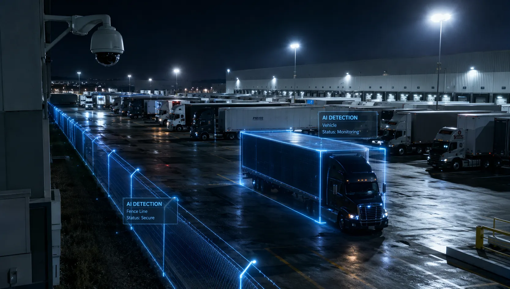 Nighttime distribution center truck yard with AI detection overlays on trailers and a fence line
