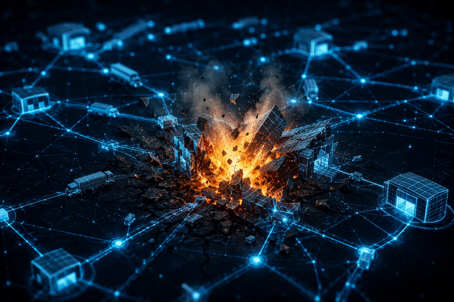 A digital supply chain network ruptured by an explosive physical disruption