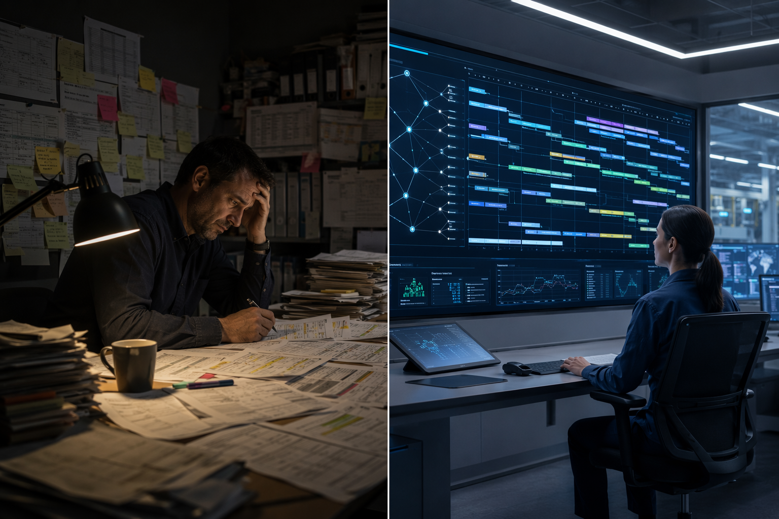Manual paper scheduling compared with AI-powered digital scheduling in a control room