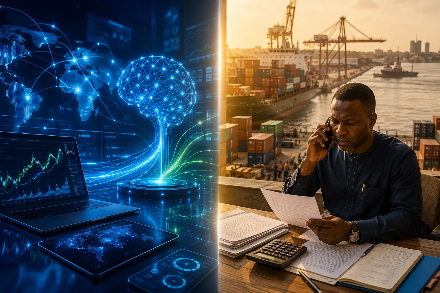 AI trading interface contrasted with Lagos port cargo and manual phone-based FX execution