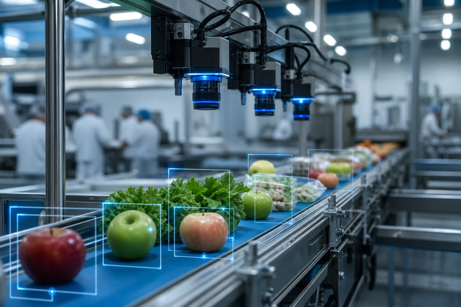 AI computer vision camera inspecting fresh produce and packaged food on a stainless steel conveyor line