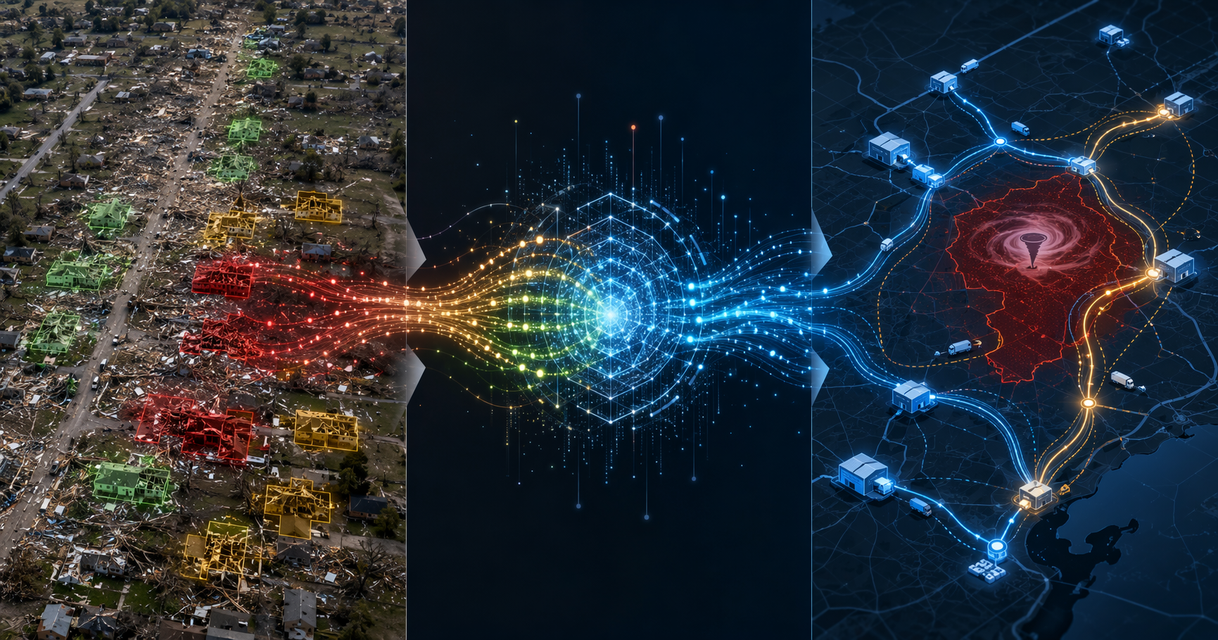 Three-panel illustration of AI-driven tornado recovery from satellite damage classification to logistics network rerouting around a hazard zone