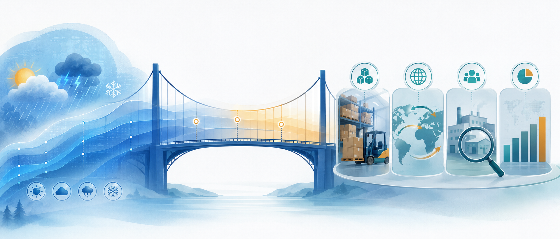 Infographic connecting AI weather forecast probability bands to procurement decisions including inventory, sourcing, supplier monitoring, and commodity exposure