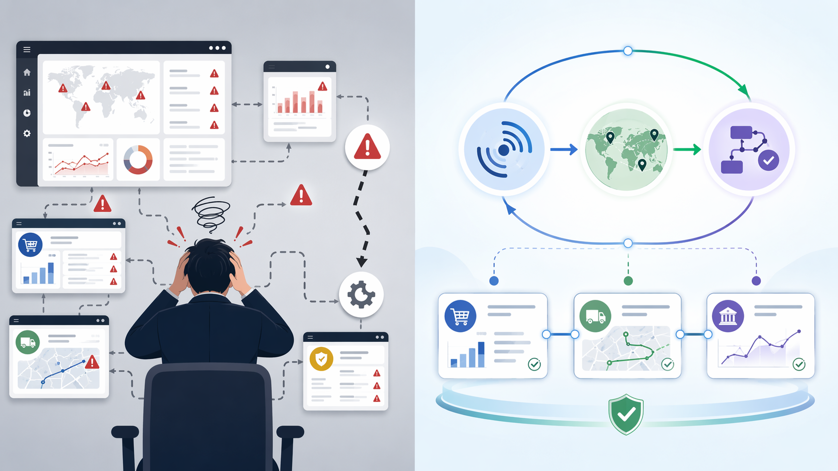 Comparison of disconnected risk alerts and a connected agentic workflow loop across supply chain functions
