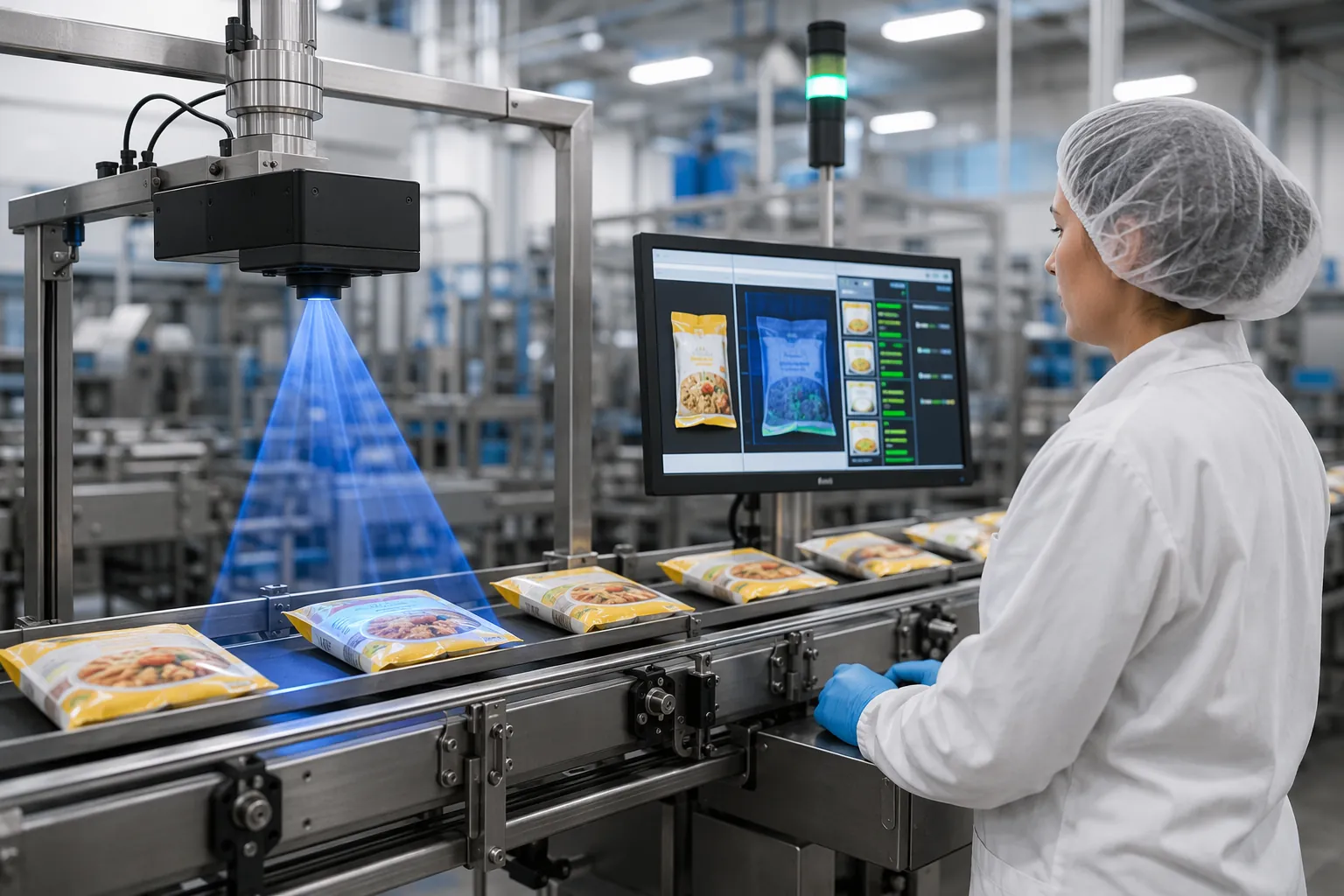 Packaged food moving under a computer vision scanner on a production line