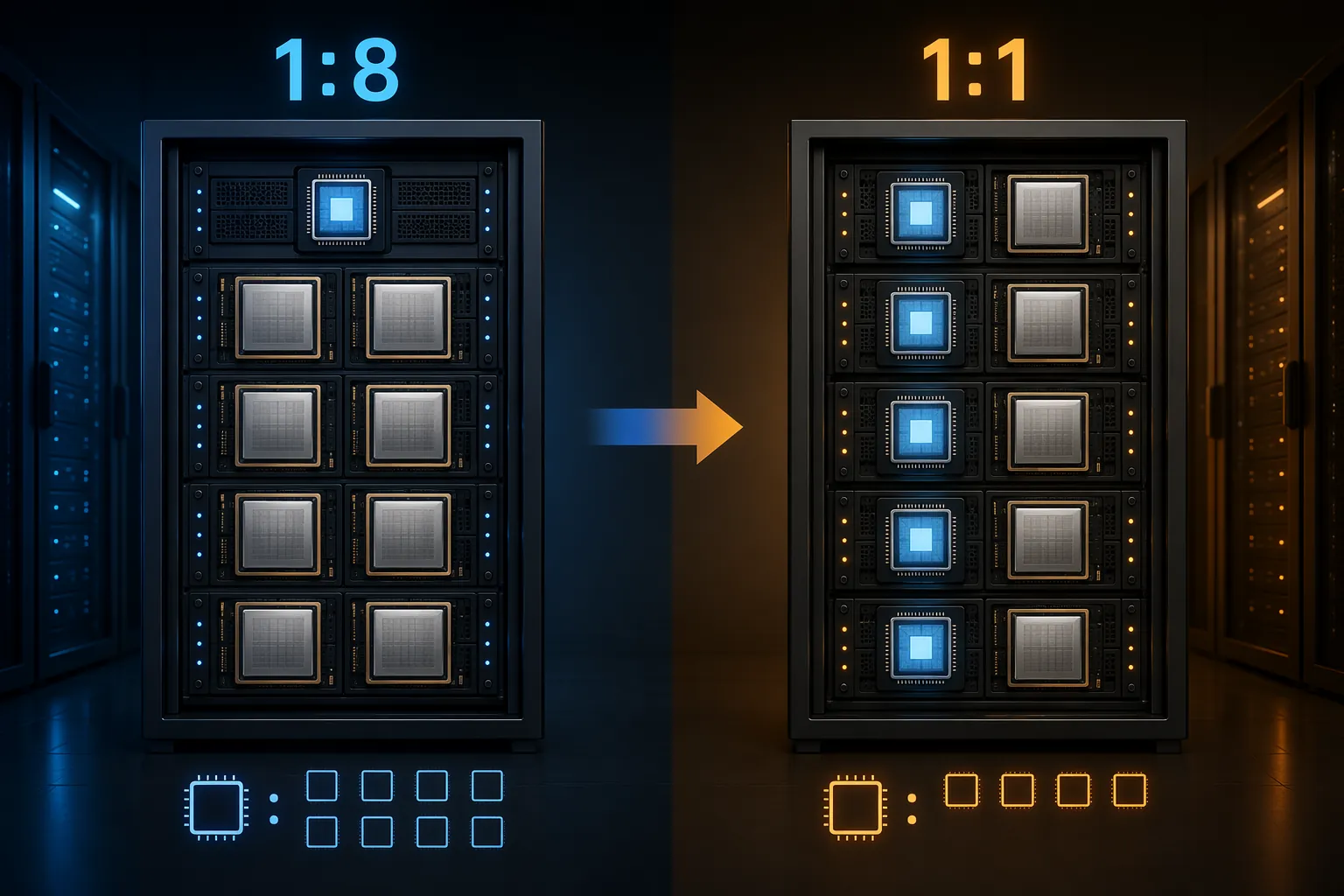 Comparison of server rack CPU-to-GPU ratios moving from 1:8 to 1:1