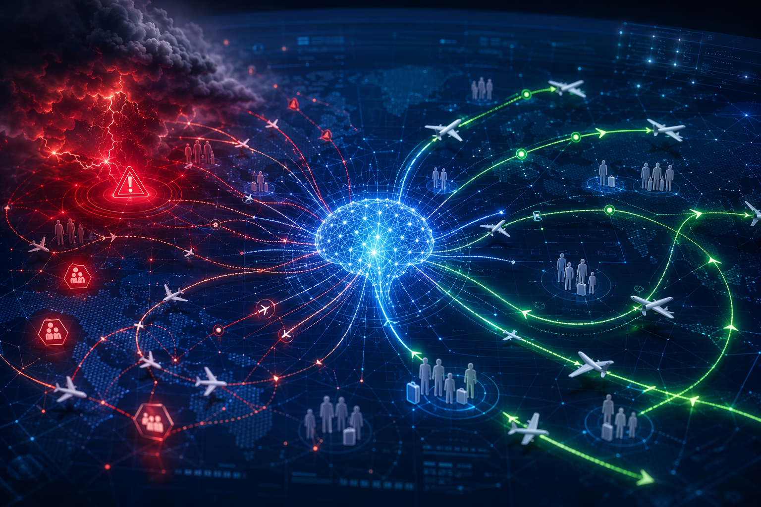 Digital aviation network showing a storm disruption alert and AI-rerouted flight paths