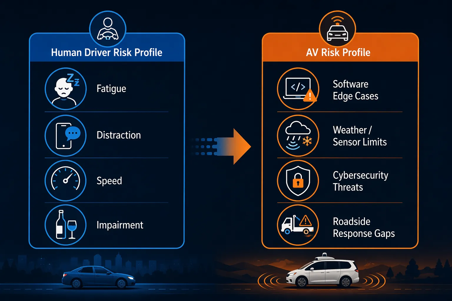 Side-by-side comparison of human driver risks and autonomous vehicle risks