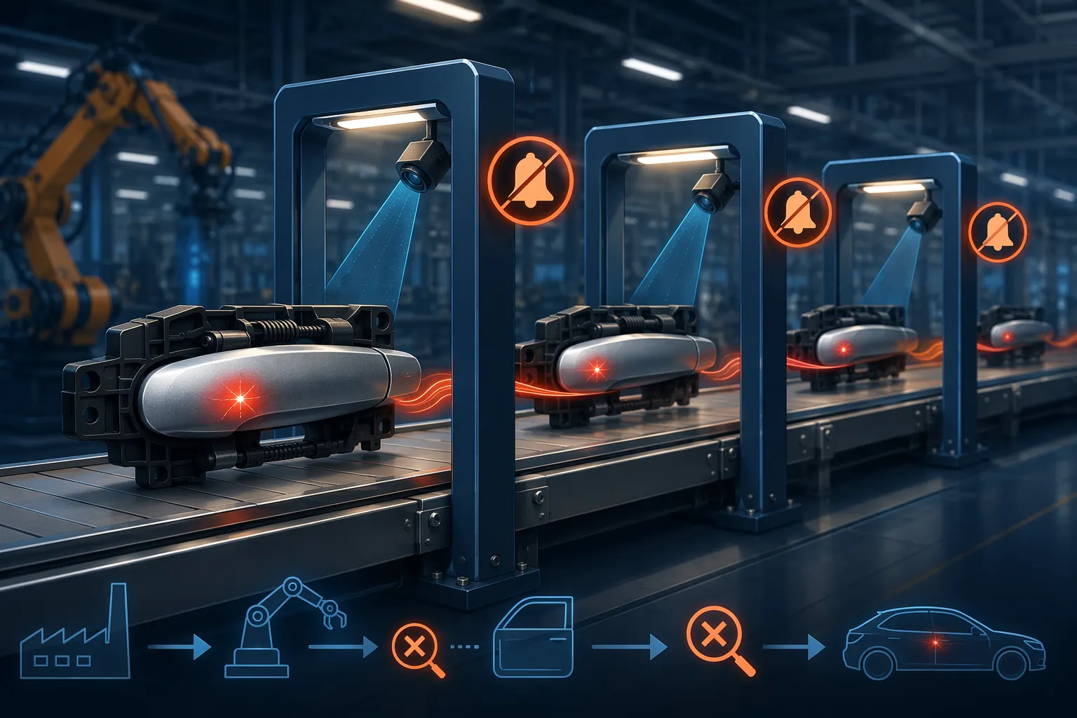 Automotive production line with a door handle defect passing through three inspection checkpoints undetected