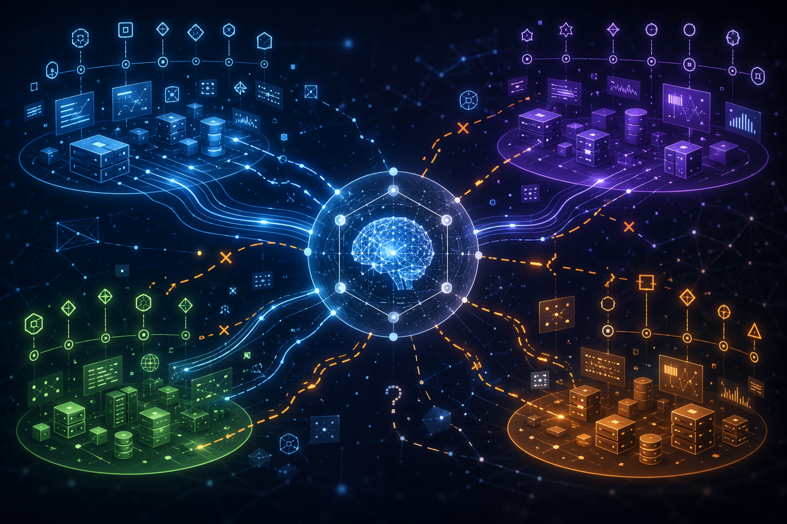 Different vendor telemetry zones connected through an AI correlation hub with clean and broken evidence streams
