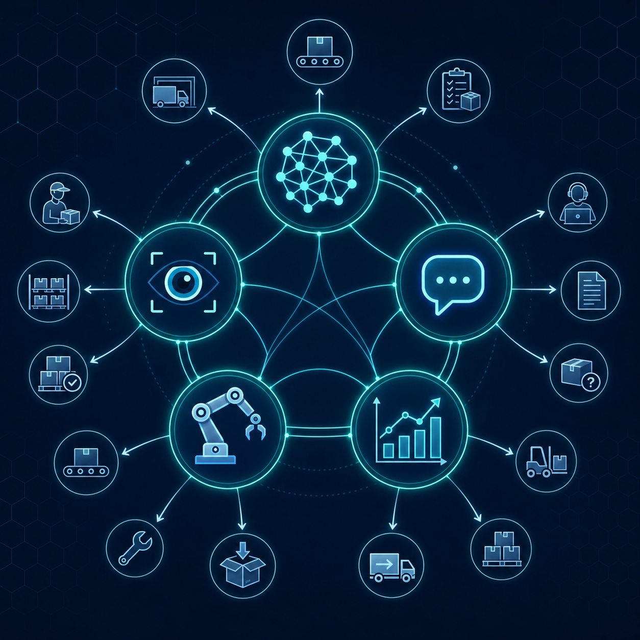 A circular ecosystem infographic showing five interconnected AI technology nodes: Machine Learning, Computer Vision, NLP, Robotics, and Predictive Analytics, with outward arrows pointing to warehouse function icons.