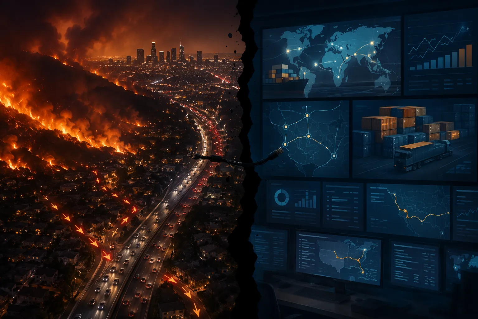 Split-screen view of Los Angeles wildfire evacuation routes and a logistics control room separated by a broken connection line