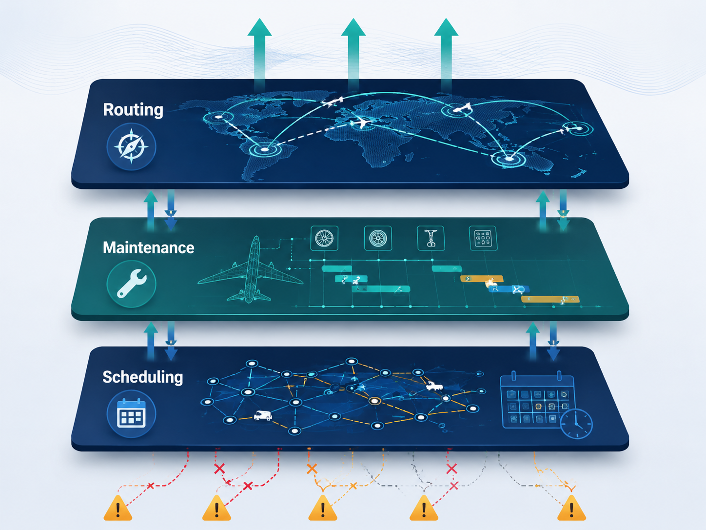 Three-layer airline operations stack showing scheduling, maintenance, and routing absorbing OEM delivery disruption