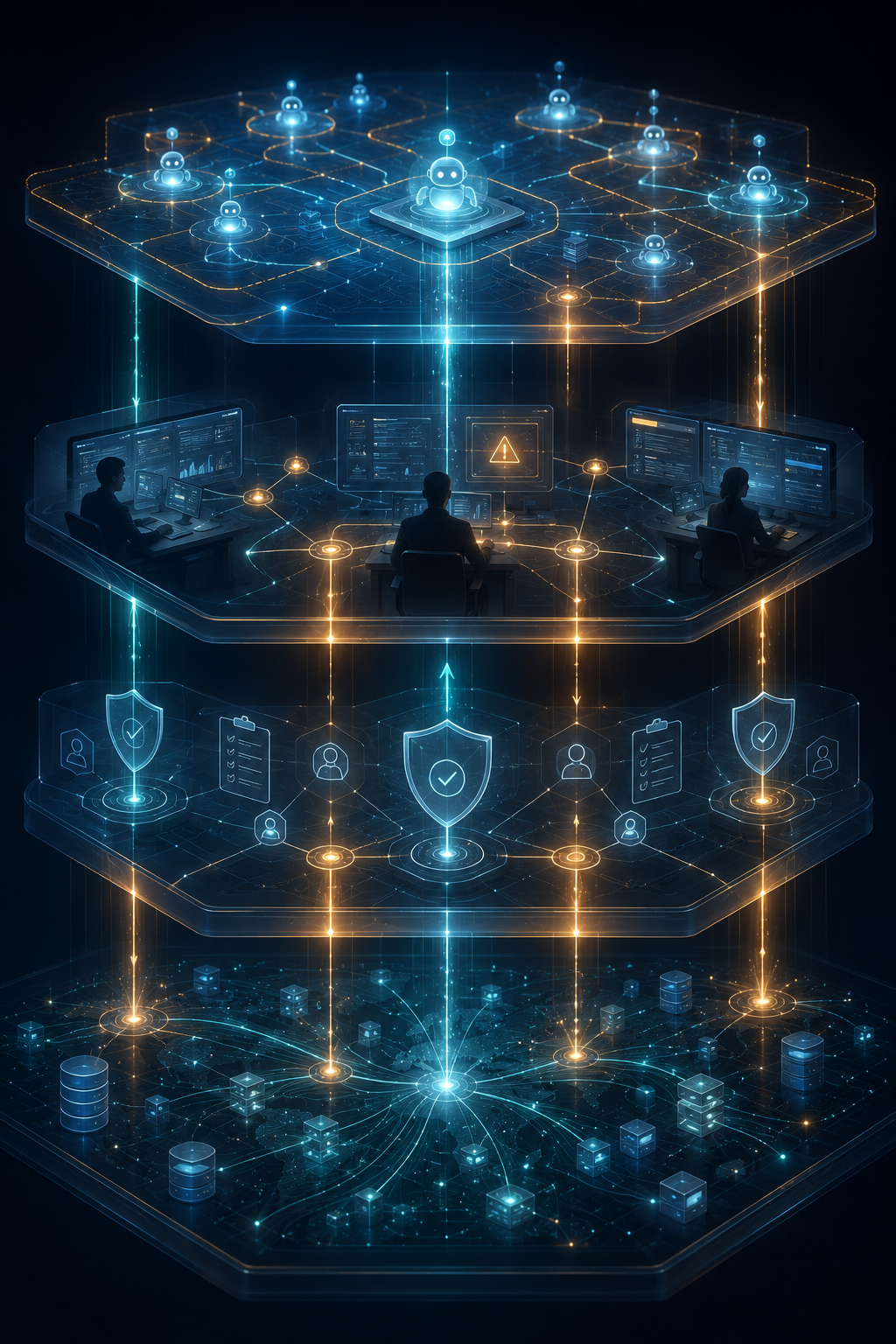 Layered agentic AI readiness architecture with data fabric, governance, human oversight, and bounded execution