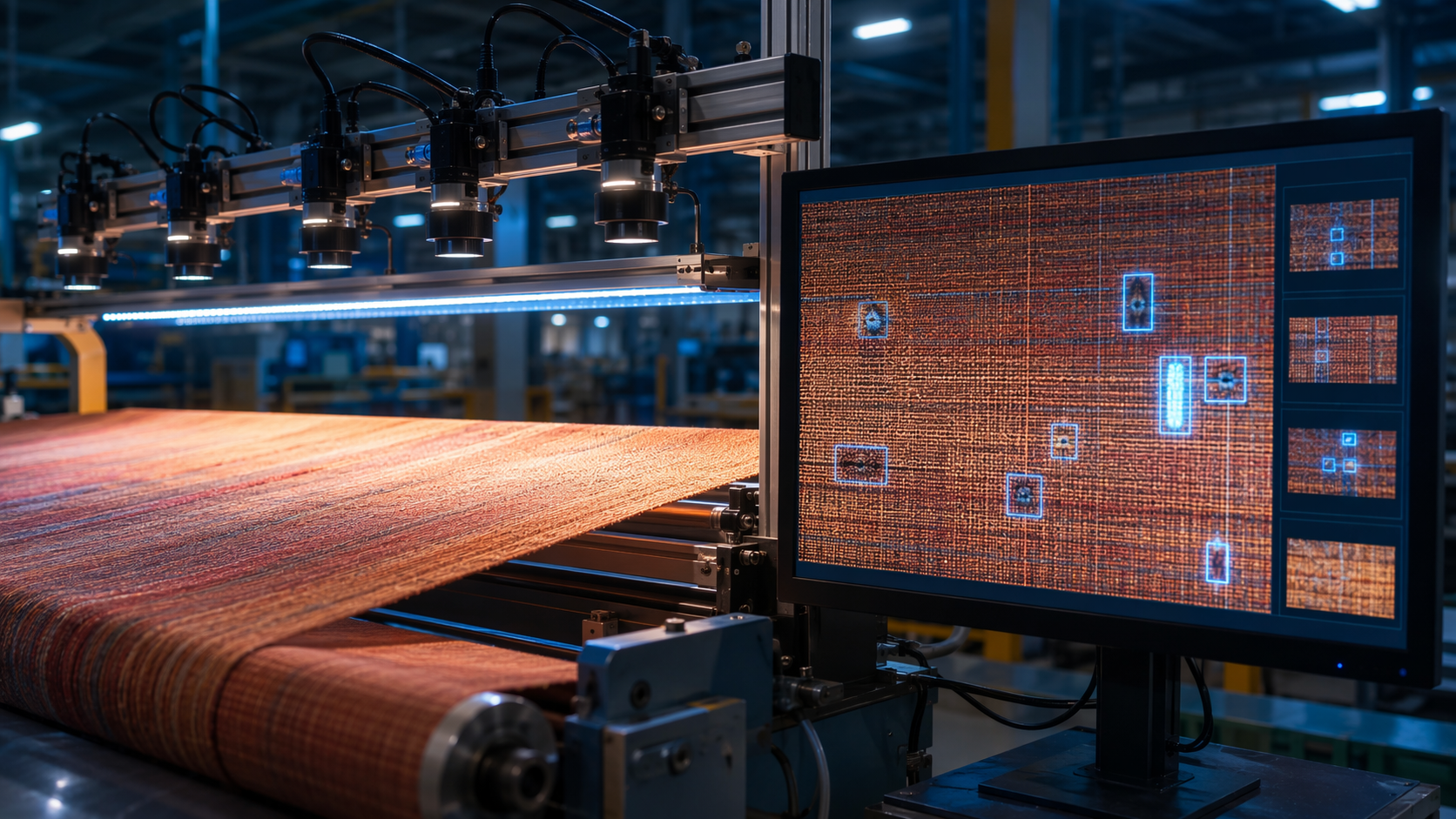AI machine vision cameras inspecting fabric on a textile production line