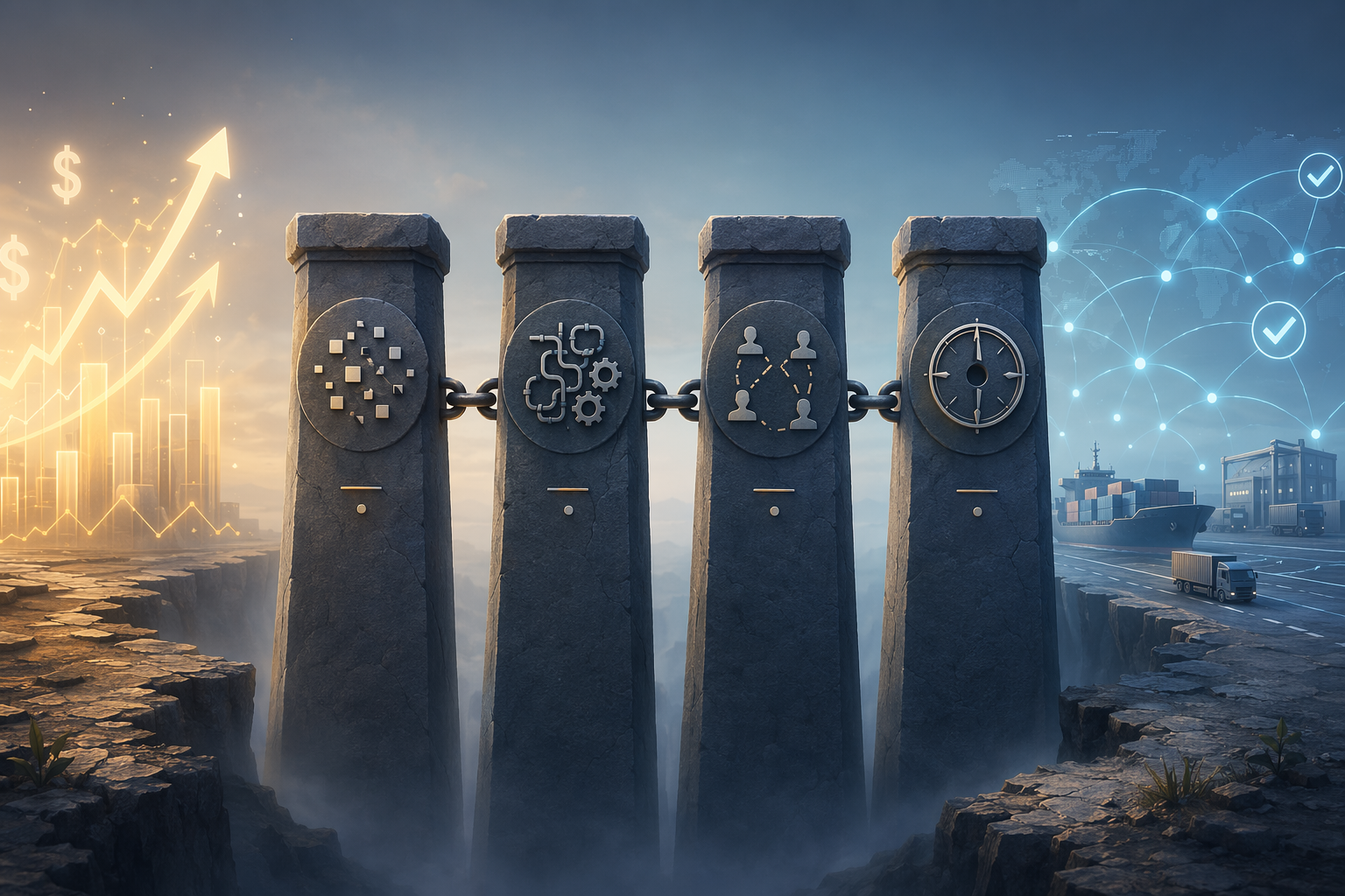 Four obstacle pillars representing data quality, integration complexity, change management, and lack of strategy between AI investment and supply chain outcomes