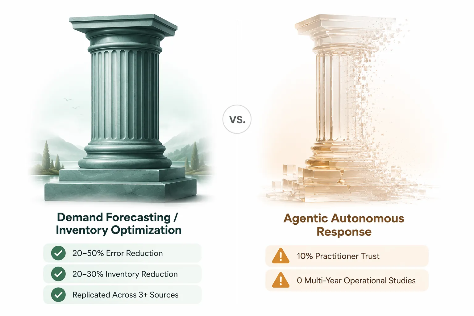 Comparison of demand forecasting and inventory optimization evidence against agentic autonomous response trust limitations