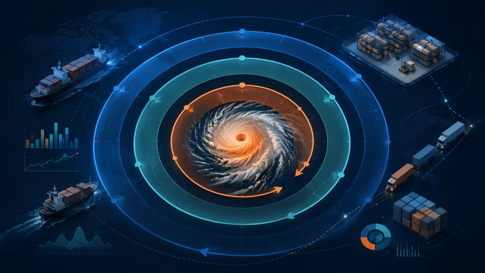 Three overlapping planning horizons around a hurricane spiral with supply chain icons