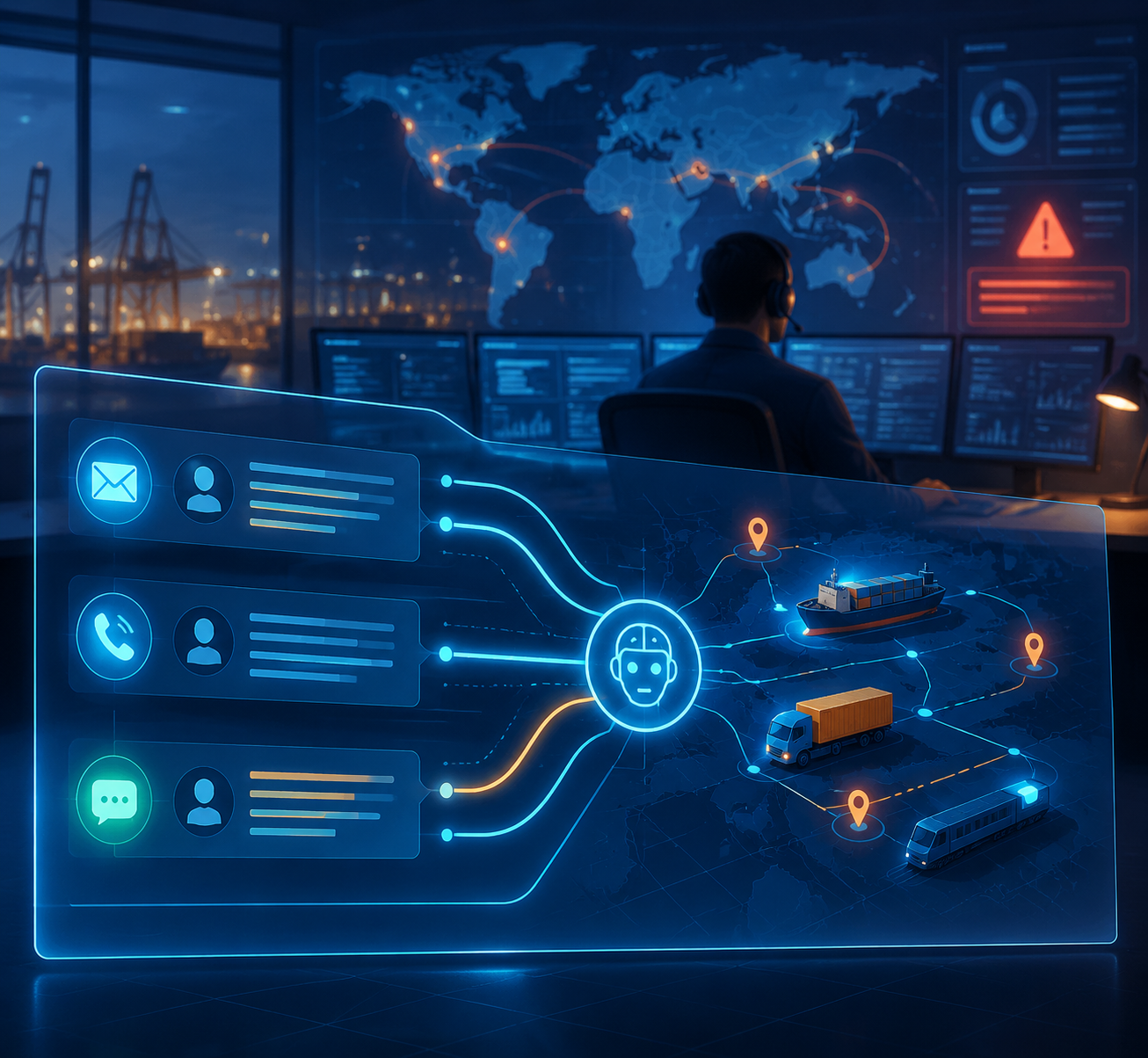 Logistics communications control center with AI agent conversation threads across shipment routes and a human operator monitoring escalation