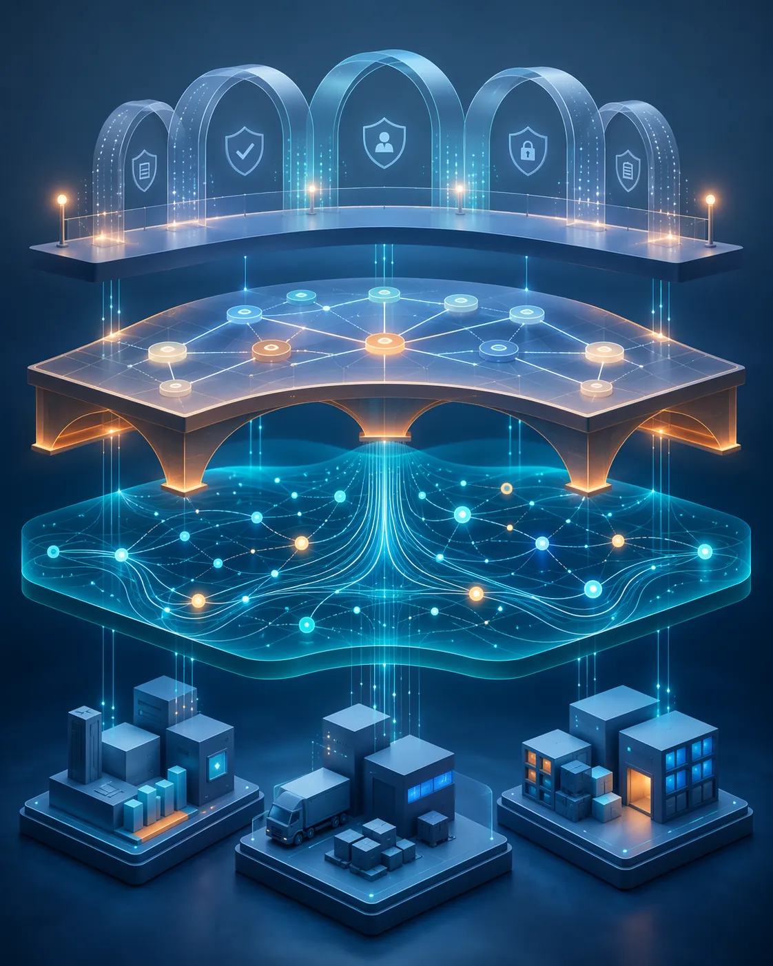 Layered architecture with ERP, TMS, and WMS systems, unified data fabric, decision intelligence bridge, and governance arches