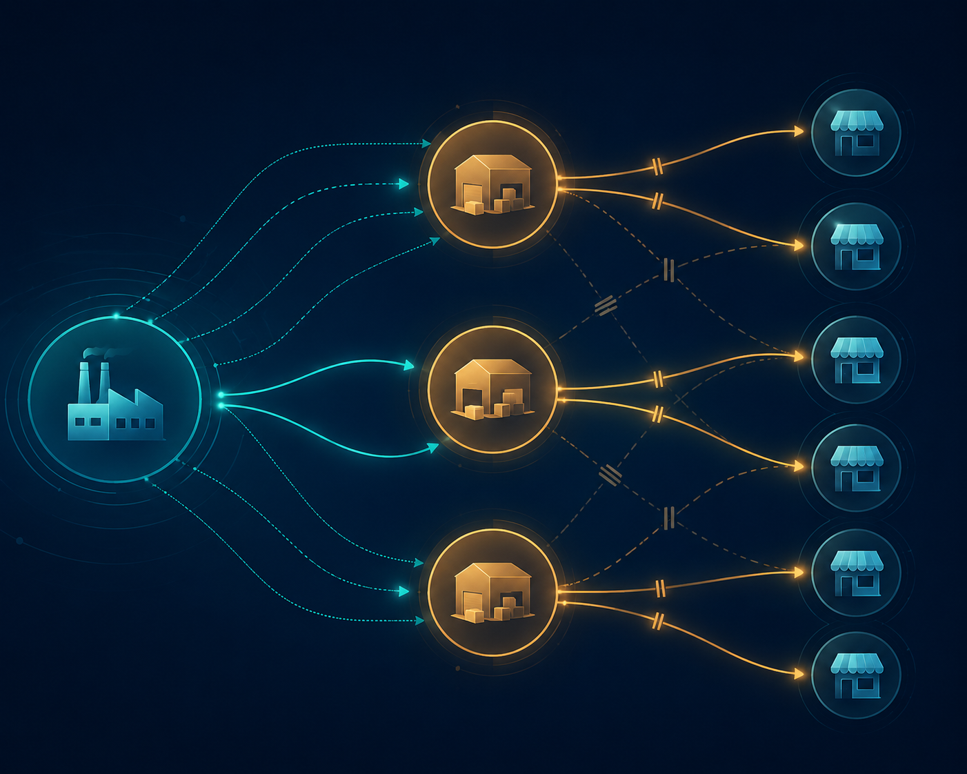 Three-tier supply chain network with solid and broken data connections between plants, consolidation centers, and distributors