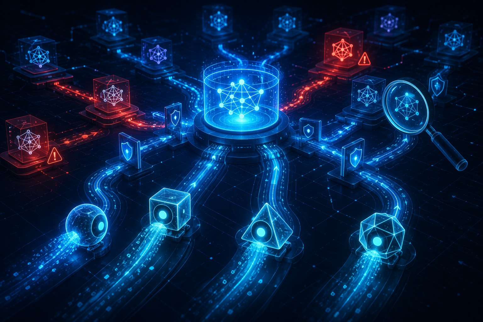 AI supply chain pipeline with a central model repository hub, security checkpoints, breach indicators, and autonomous agent entities