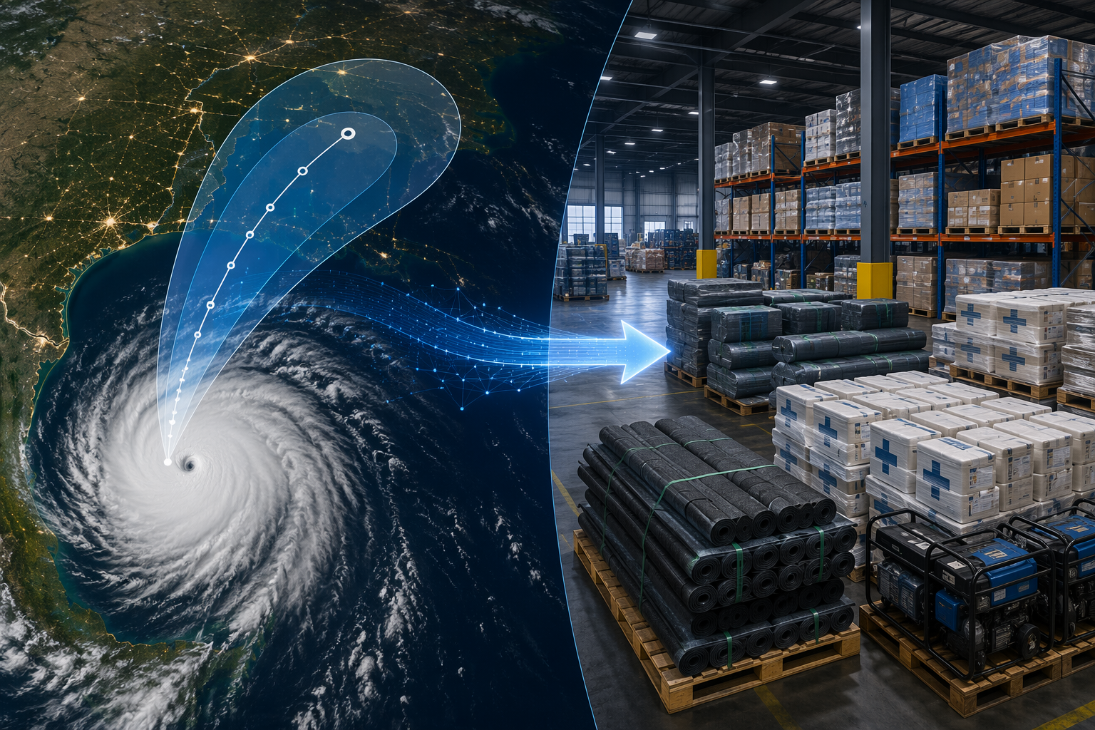 Hurricane forecast cone connected to warehouse inventory pallets to show forecast-driven pre-positioning