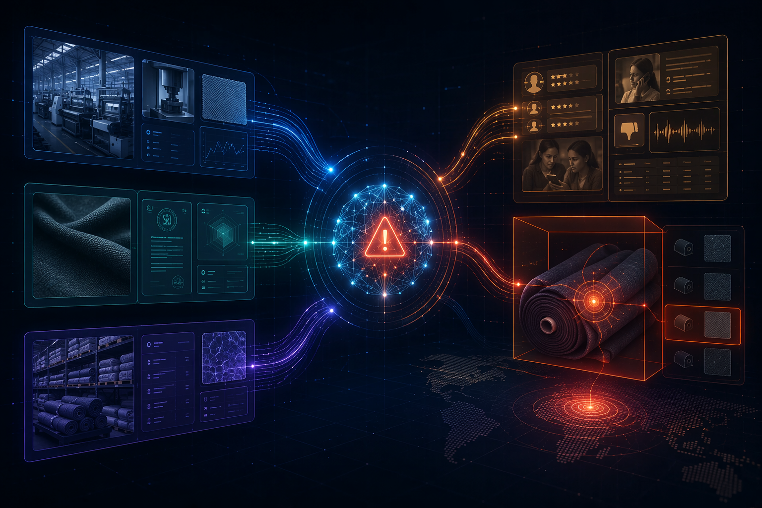 Supplier quality data, anomaly detection, and consumer complaint data converging on a highlighted fabric batch