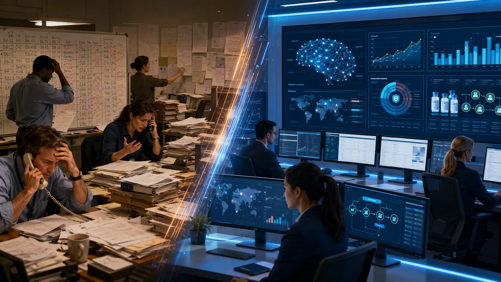 Manual recall room contrasted with an AI-powered pharmaceutical operations center
