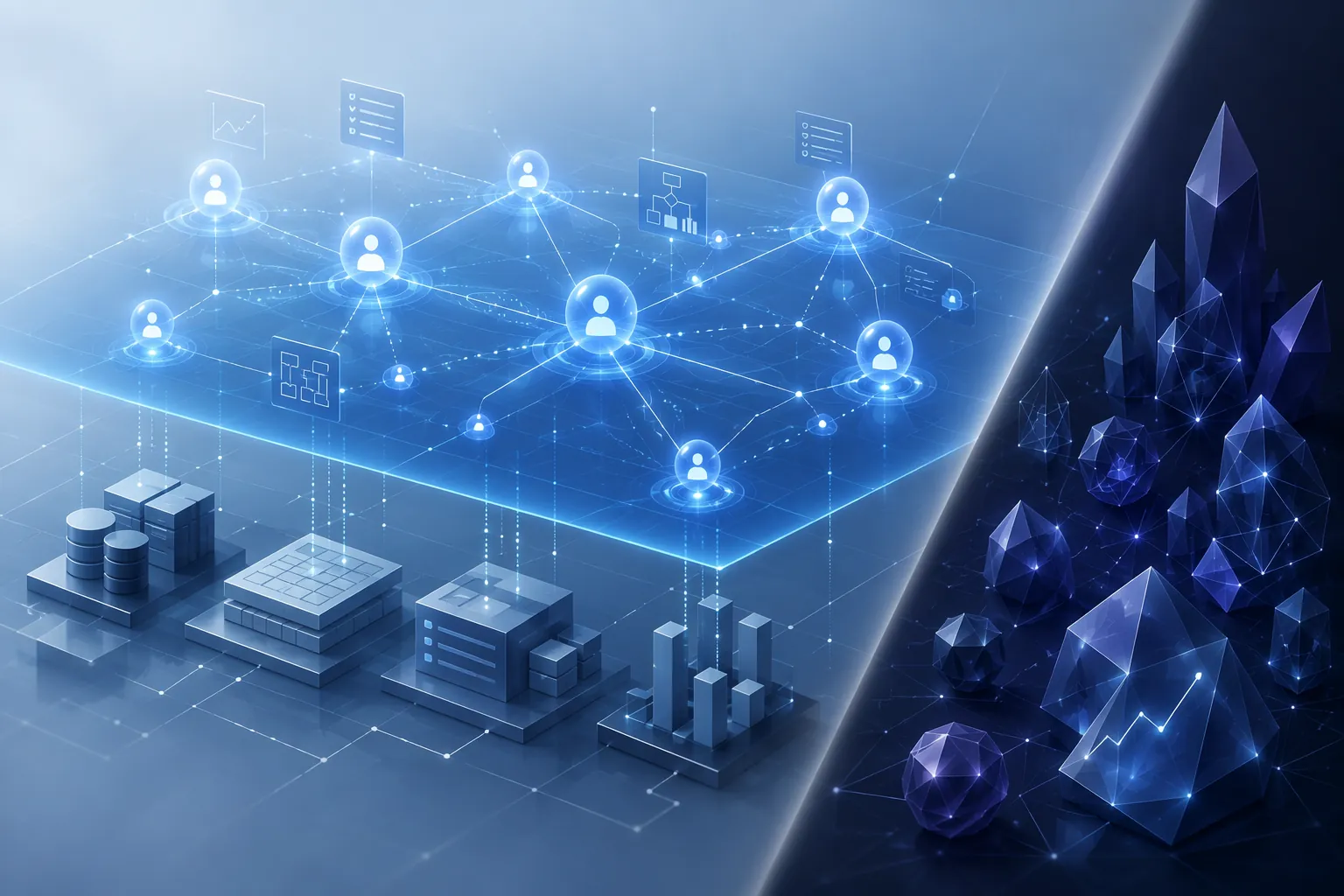 Conceptual illustration of connected AI agent nodes beside specialized planning platform structures