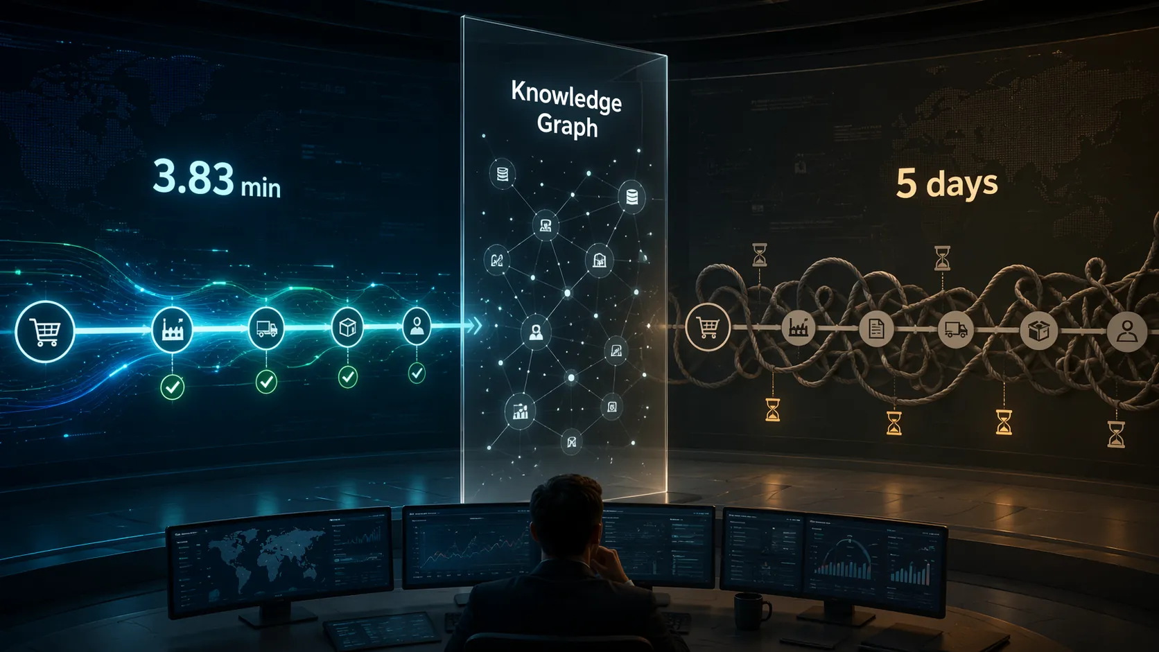 Split visual comparing a 3.83-minute digital disruption response with a five-day tangled response separated by a knowledge graph barrier