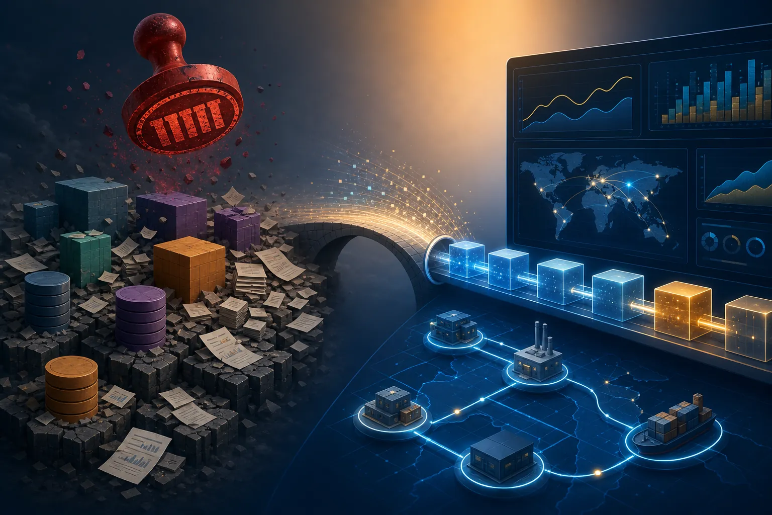 Fragmented data silos contrasted with an integrated AI supply chain planning interface