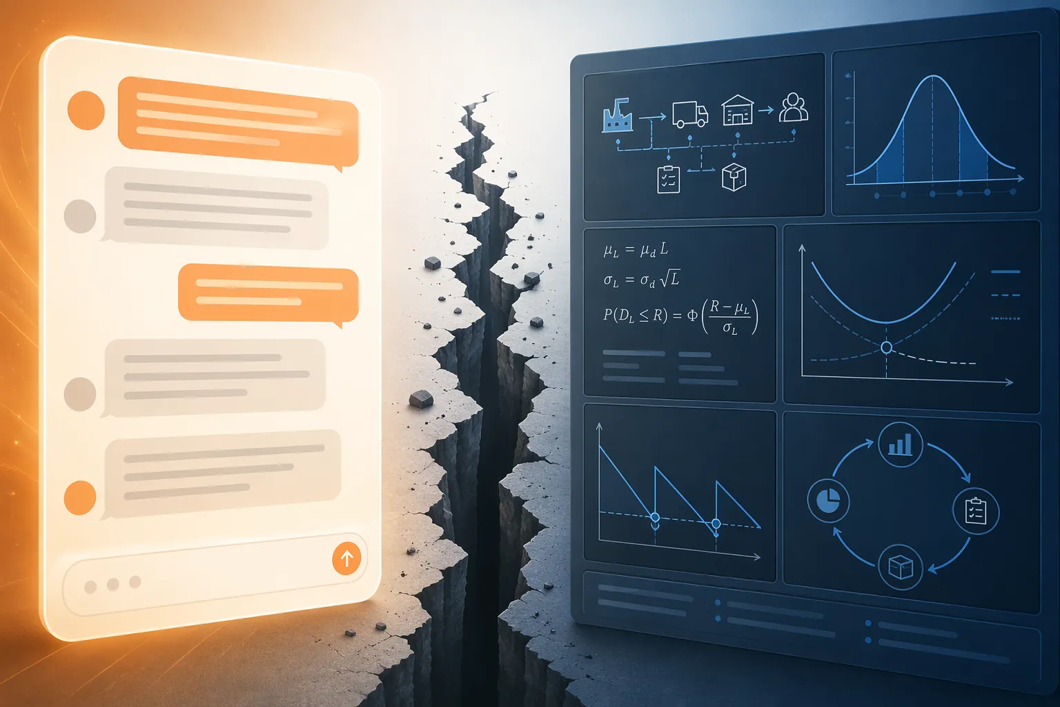 Split-screen illustration showing a chat interface separated by a crack from a supply chain planning dashboard with formulas, probability curves, and inventory optimization graphs