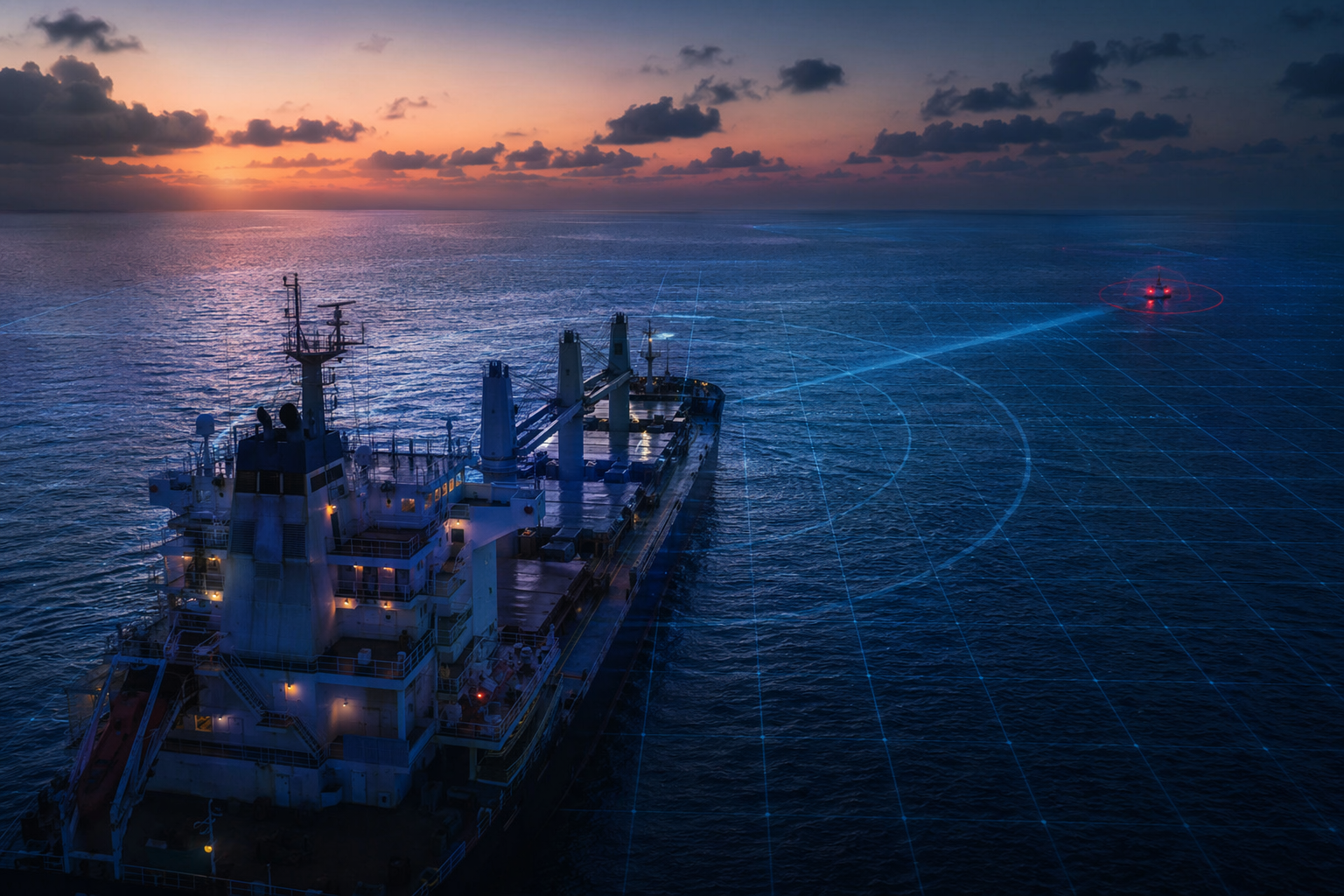 Commercial cargo vessel at dusk with AI maritime surveillance overlay and a highlighted skiff warning