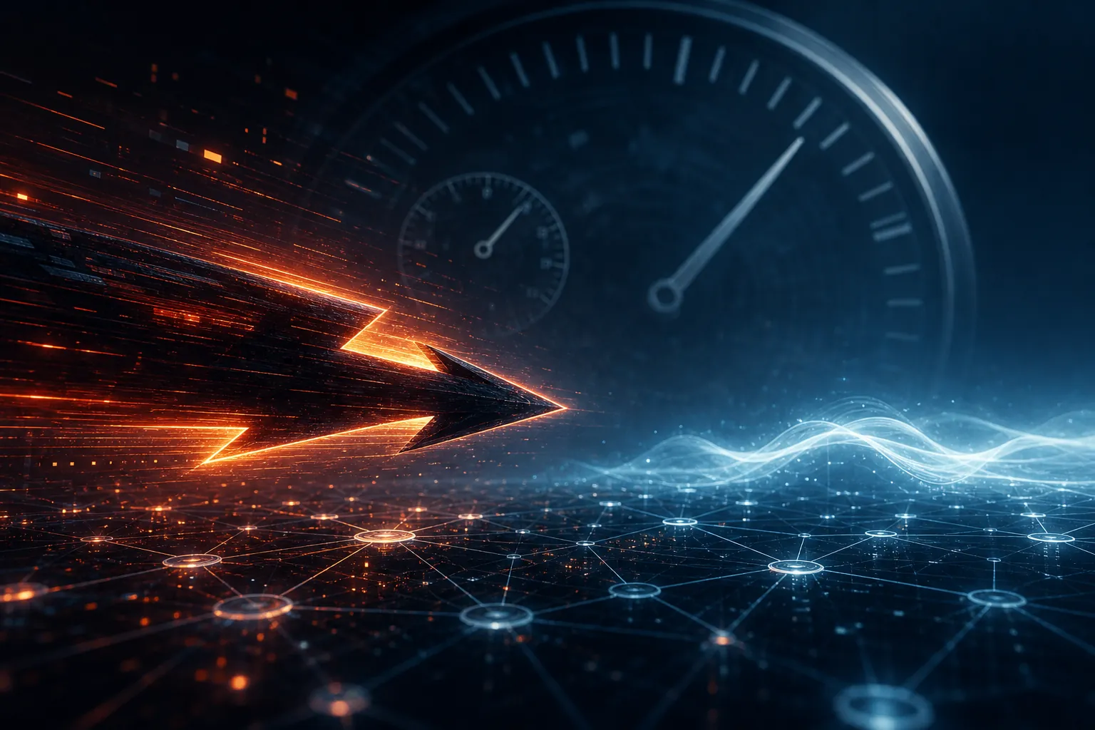 Digital supply chain network showing an orange attacker signal moving faster than a blue defender signal against a clock background