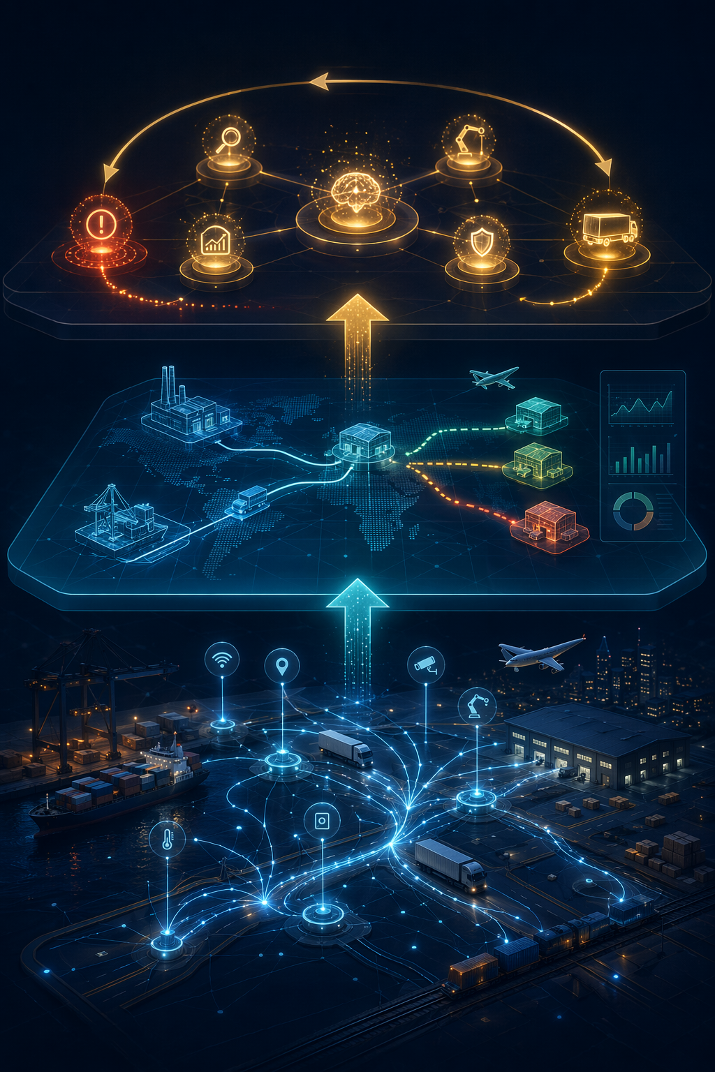 AI supply chain system layers showing data streams, digital twin scenarios, and autonomous agent actions